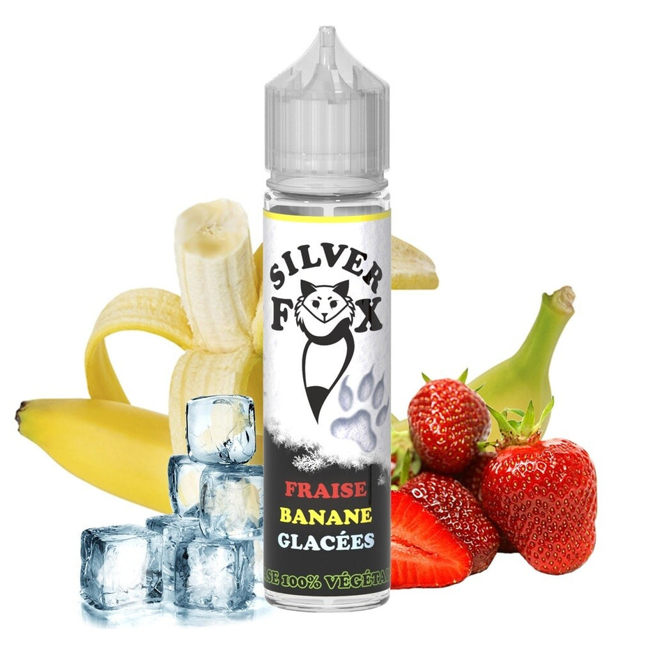 E-LIQUIDE FRAISE, BANANE GLACÉES - SILVER FOX 100 % VÉGÉTALE 50 ML.
